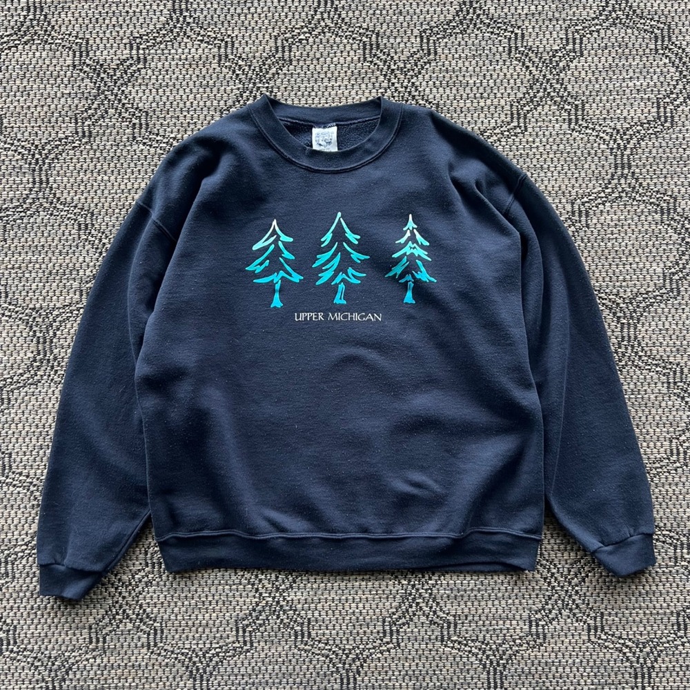 Vintage Nature Sweatshirt Mens XL Blue Upper Michigan Pine Trees Camping Outdoor